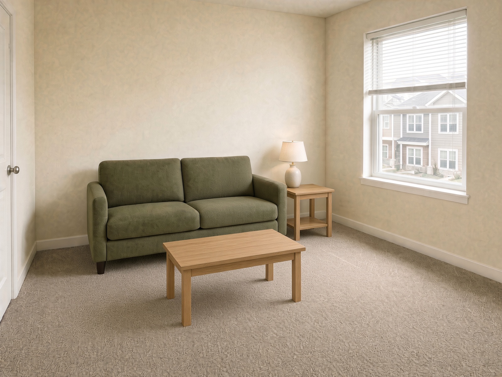A basic apartment living room with an olive sofa, two tables, and a lamp.
